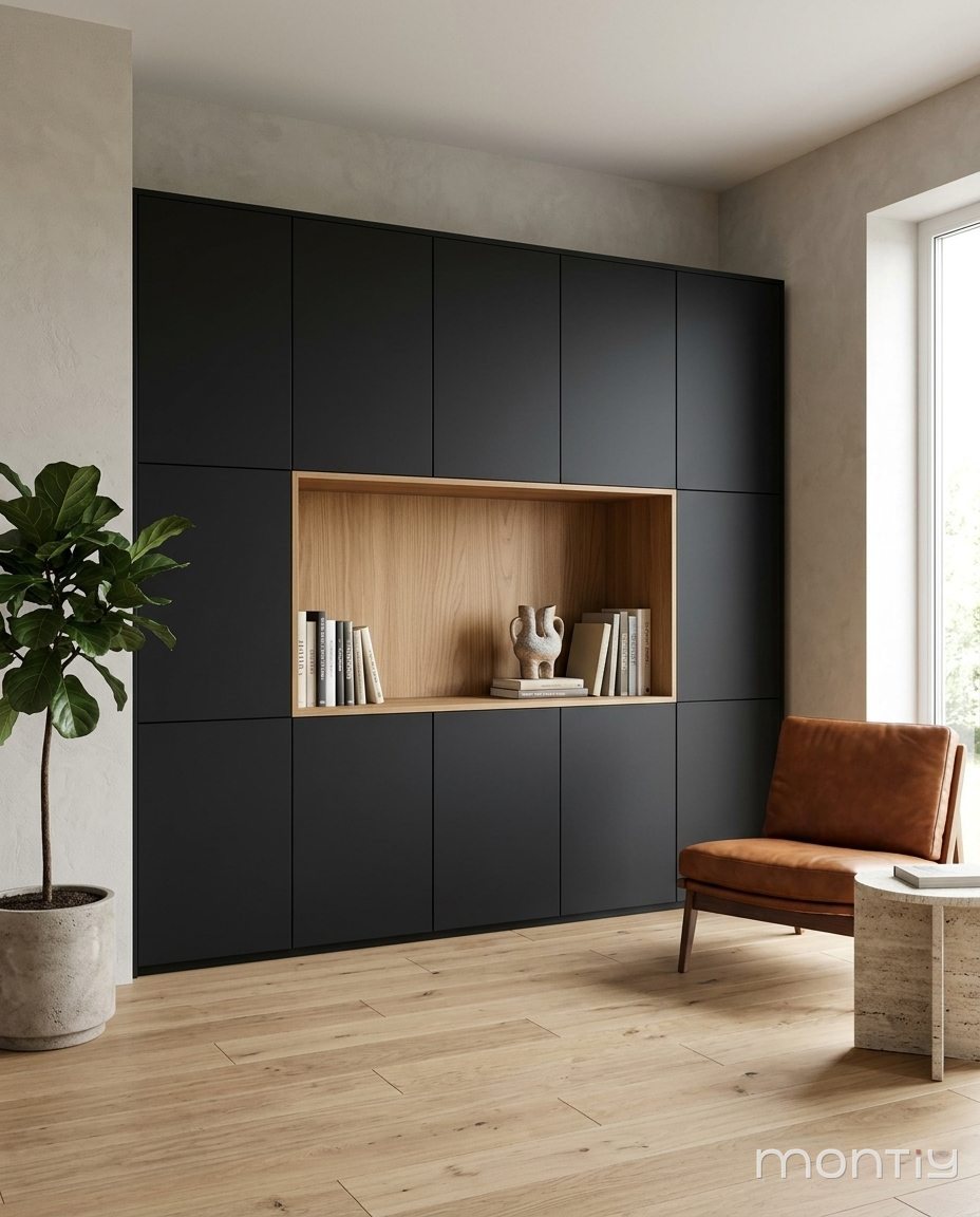 Zwarte kastenwand met eiken nis