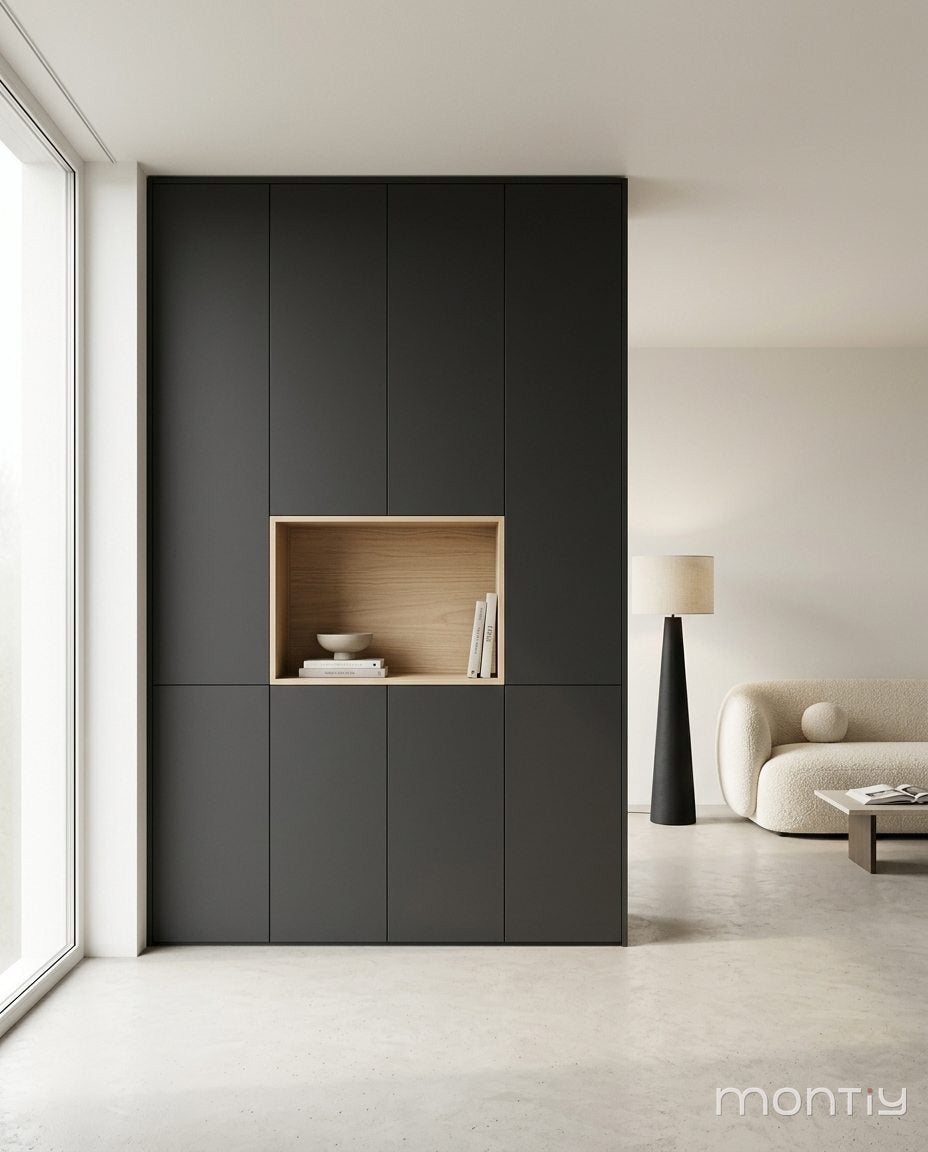 Diamantgrijze kast met licht eiken nis