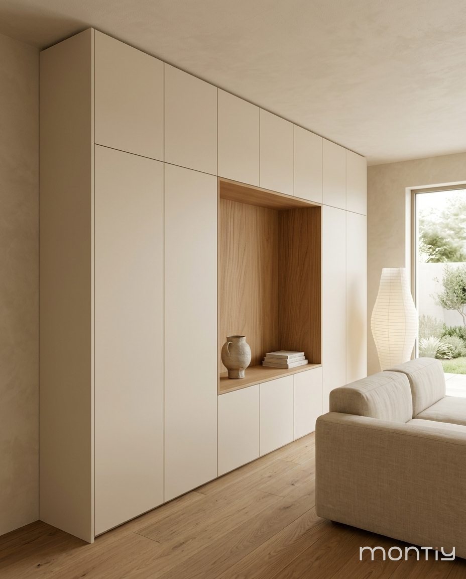 Soft beige wandkast met eiken nis