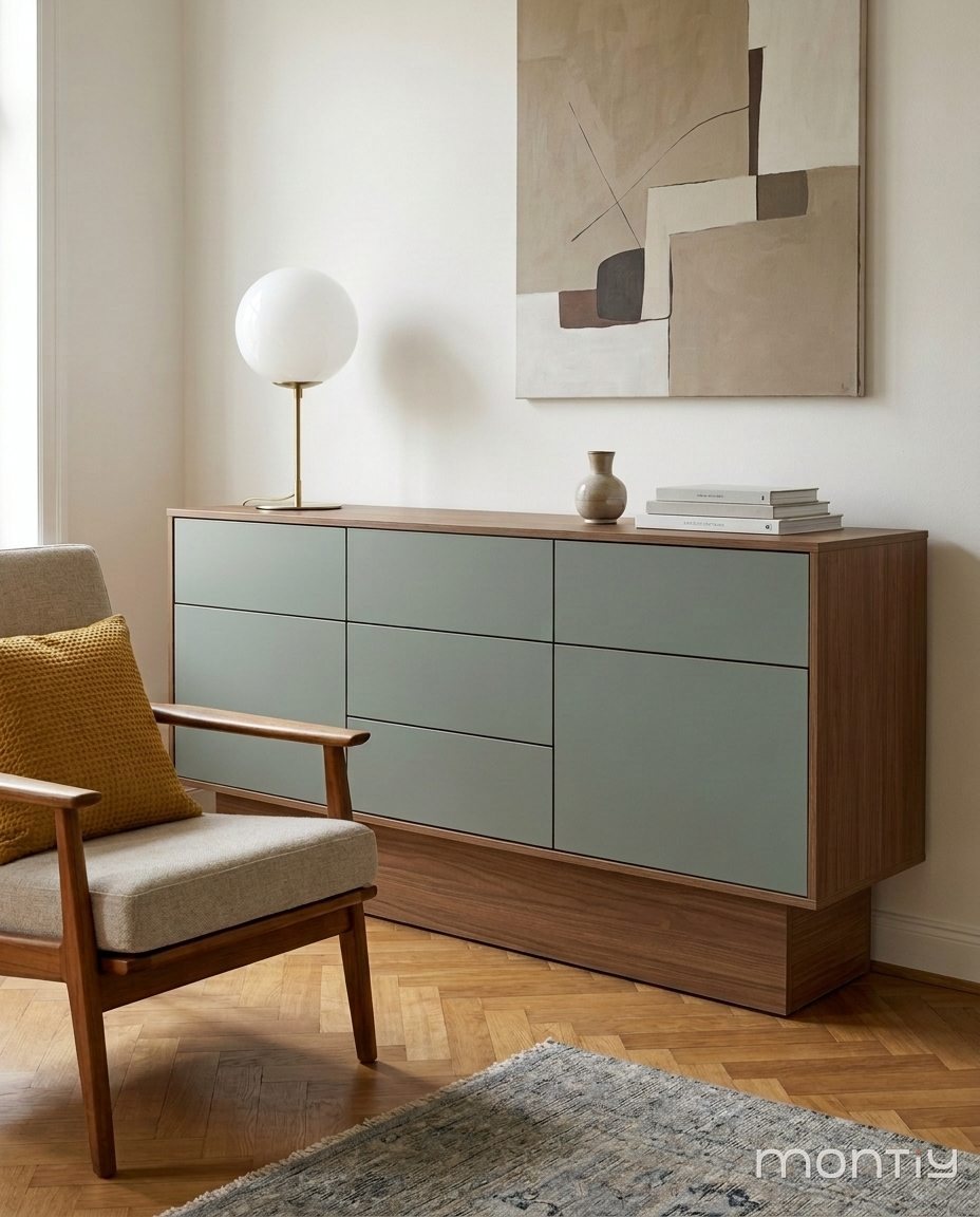 Eucalyptusgroen dressoir met notelaar