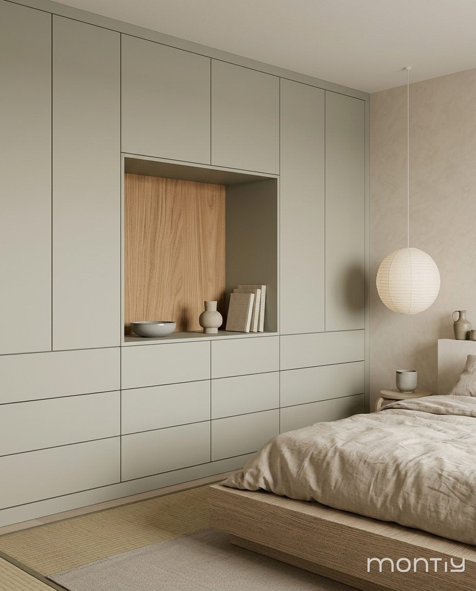 Saliegroene kastenwand met eiken nis