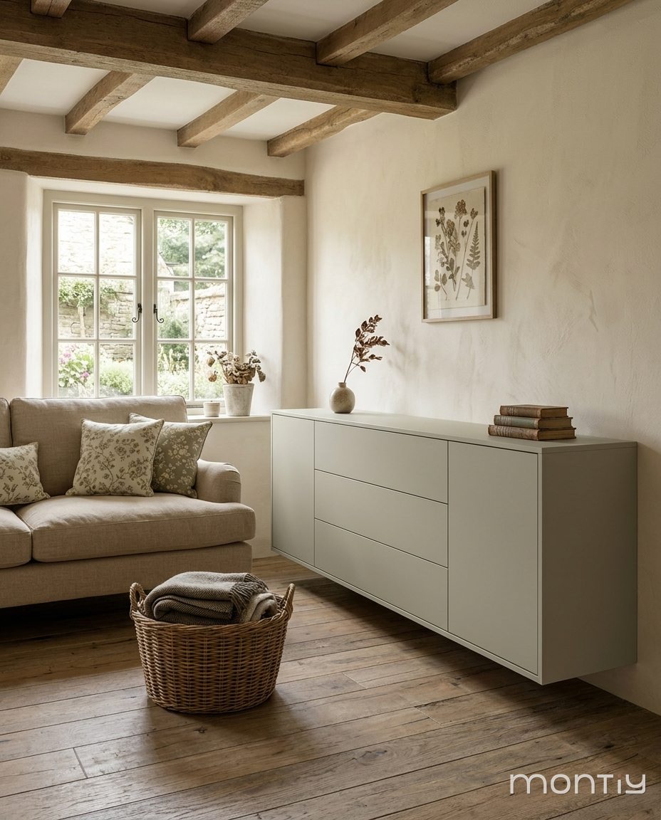 Saliegroen dressoir in een landelijk interieur