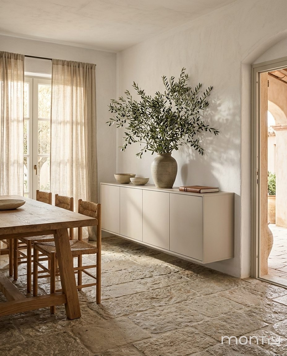 Kasjmiergrijs zwevend dressoir in een mediterrane eetkamer