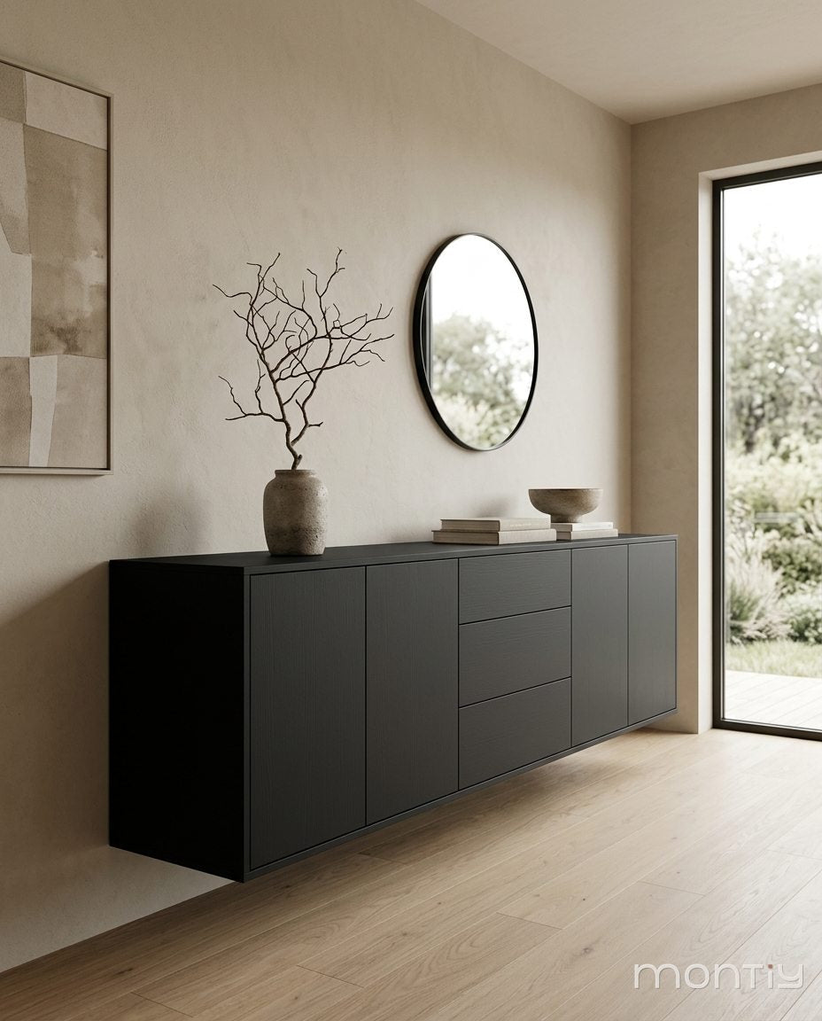 Matzwart dressoir in een zandkleurig interieur