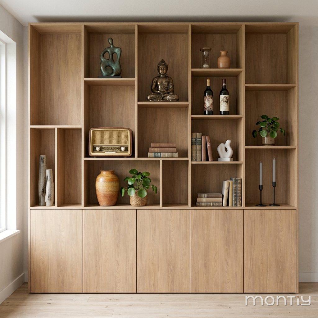 Design vakkenkast op maat in Casella Eik natuur, met boeken, beelden en planten