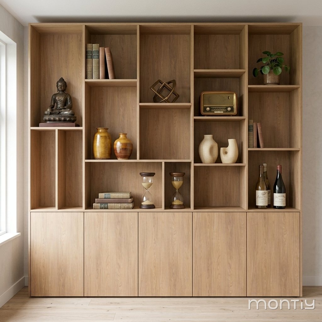 Design vakkenkast op maat in Casella Eik natuur, warm aangekleed