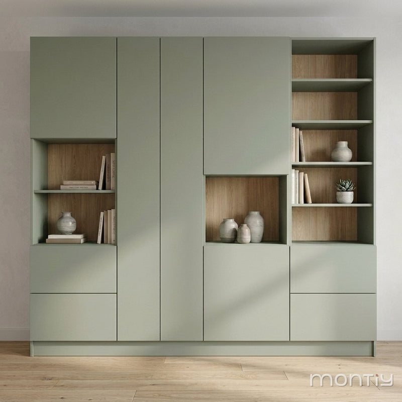 Saliegroene wandkast met eiken