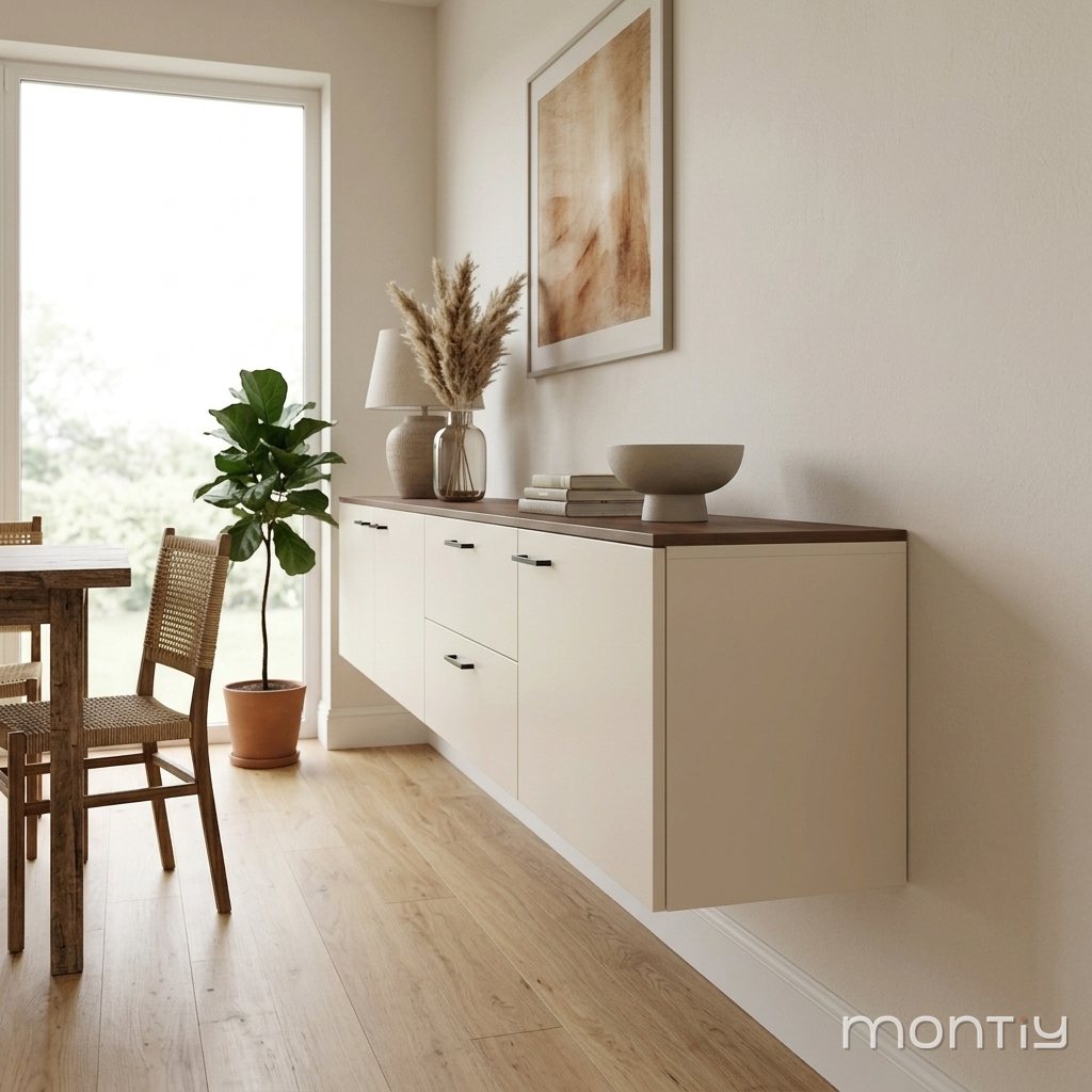 Zwevend oesterbeige dressoir met Bolivar houten blad, schuin van rechts gezien